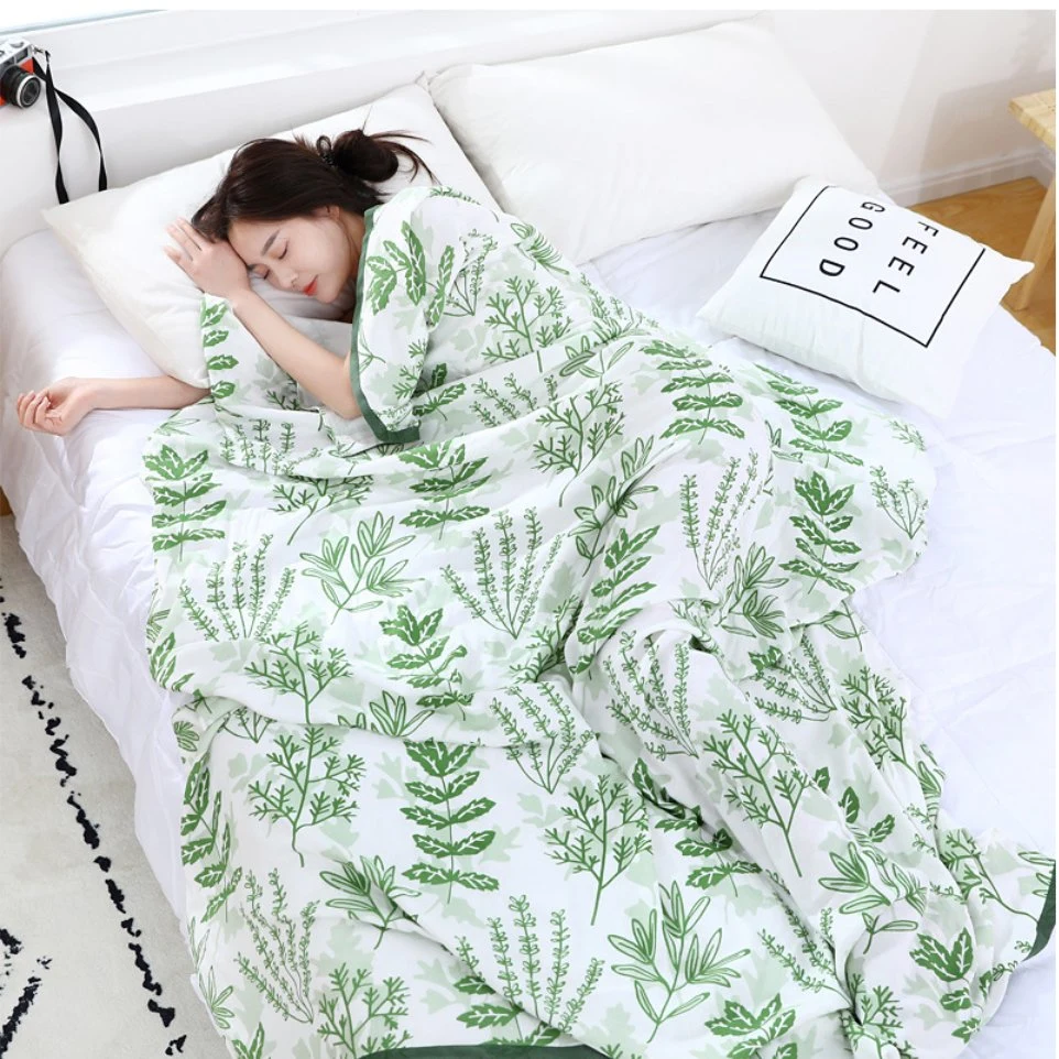 100% Bamboo Fiber Cooling Blanket Green Leaves for Summer